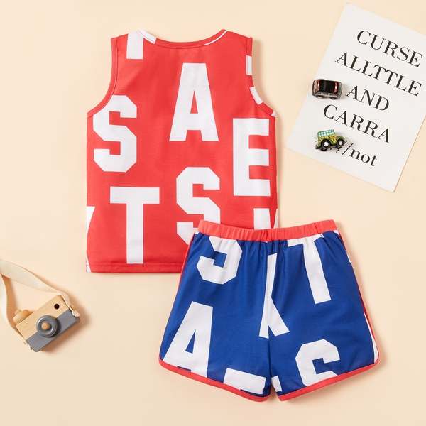 2-piece Toddler Boy Letter Print Sleeveless Red top and Blue Shorts Set