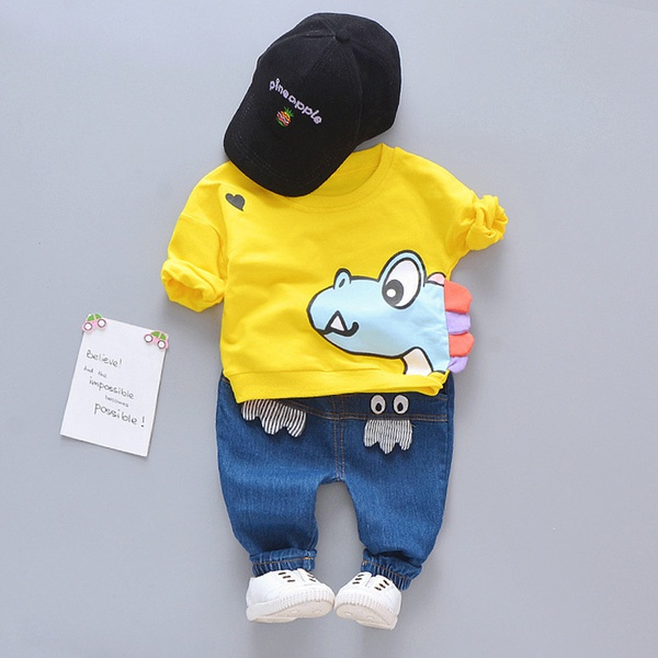 Baby / Toddler Lovely Dino Print Long-sleeve Top and Jeans Set