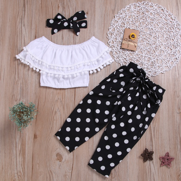 3-piece Fashionable Off Shoulder Pompon Flounced Top and Polka Dots Pants Set