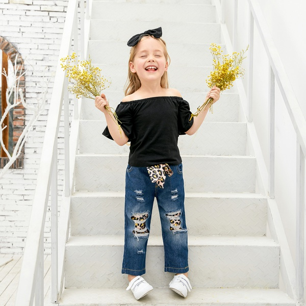 3-piece Baby Solid Flutter-sleeve Off Shoulder Top and Leopard Print Bowknot Nine-minute Jeans Set