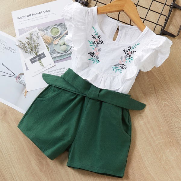 2-piece Baby / Toddler Girl Pretty Floral Embroidery Top and Solid Shorts Sets