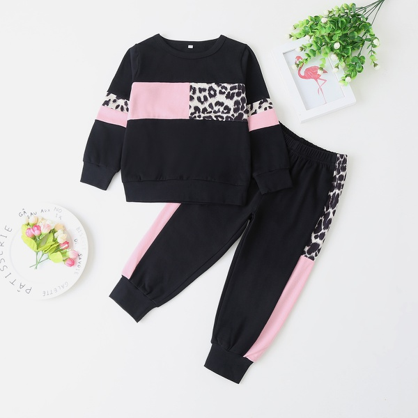 2-piece Baby / Toddler Girl Splice Colorblock Leopard Print Long-sleeve Pullover and Pants Set