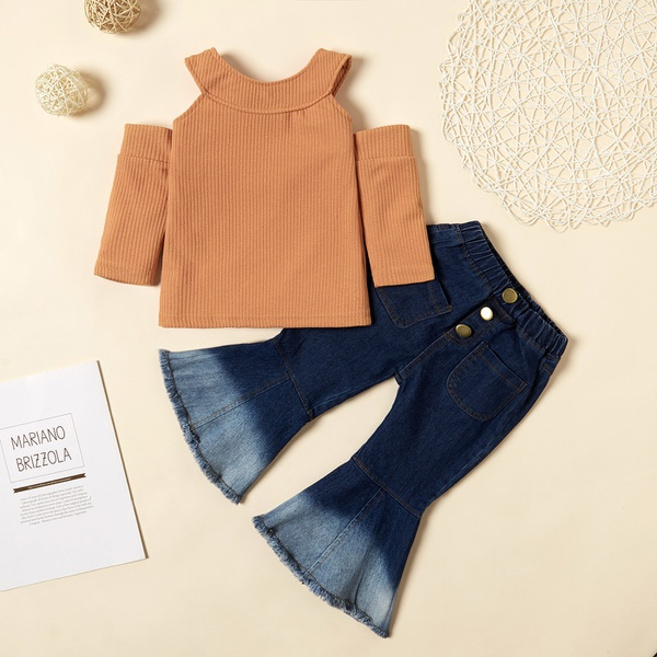 2-piece Baby / Toddler Girl Knitted Off Shoulder Top and Denim Flares Set