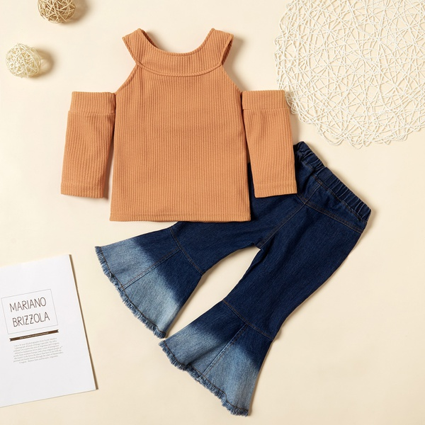 2-piece Baby / Toddler Girl Knitted Off Shoulder Top and Denim Flares Set