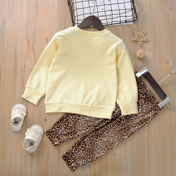 2-piece Baby / Toddler Girl Letter Solid Long-sleeve Top and Leopard Print Pants Set
