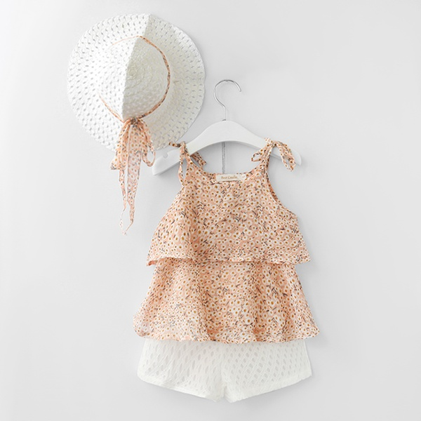 Ruffle Strap Blouse and Shorts and Hat Set