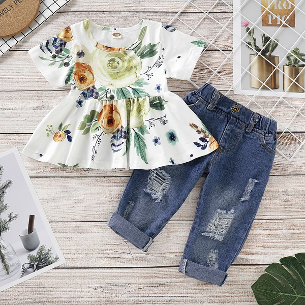 Baby/ Toddler Girl’s Floral Allover Ruffled Dress and Frayed Jeans