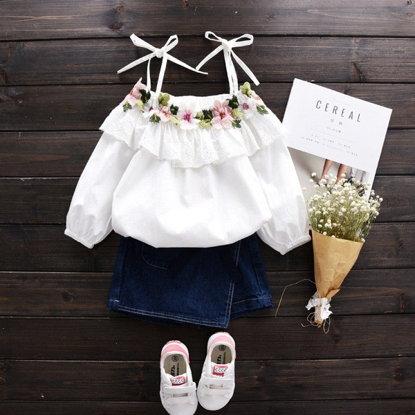 Baby/ Toddler Girl’s Flower Embroidered Off Shoulder Top and Denim Skirt