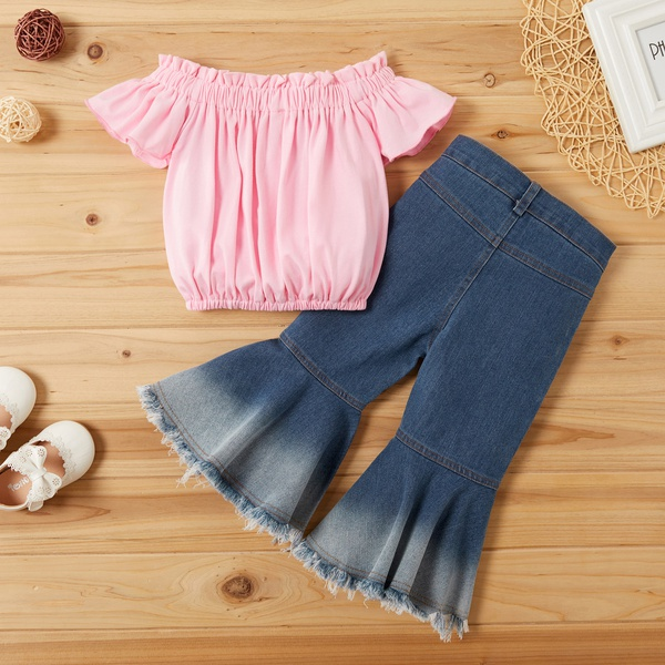 Baby / Toddler Summer Solid Flounced Collar Top and Denim Bellbottom Pants Set