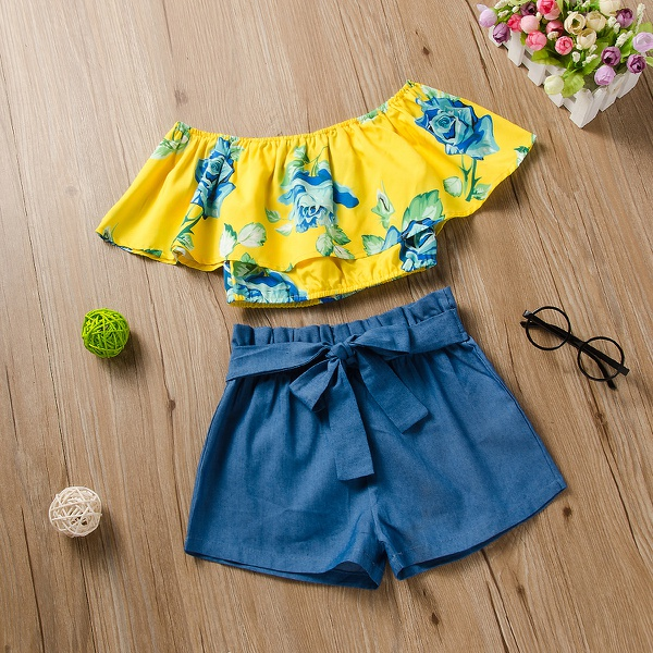 2-piece Baby / Toddler Girl Floral Off Shoulder Top and Solid Shorts Set