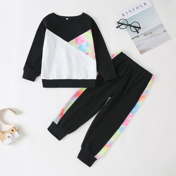 2-piece Baby / Toddler Girl Tie-dye Colorblock Pullover and Sporty Pants Set