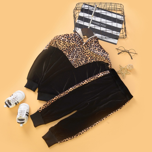 2-piece Baby / Toddler Girl Leopard Pattern Hoodie and Colorblock Pants Set