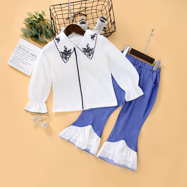 2-piece Baby / Toddler Girl Floral Doll Collar Ruffled Shirt and Lace Colorblock Pants Set