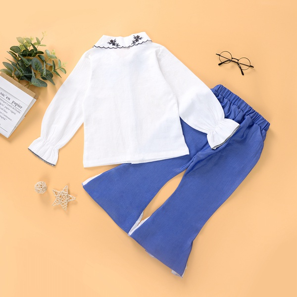 2-piece Baby / Toddler Girl Floral Doll Collar Ruffled Shirt and Lace Colorblock Pants Set