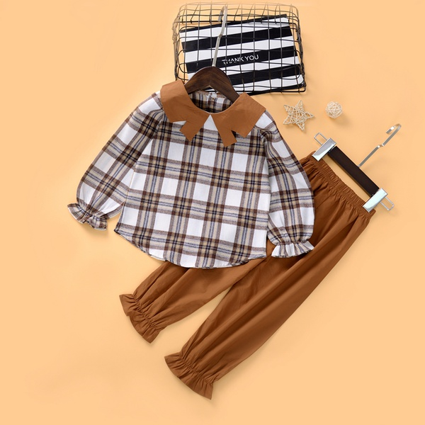 2-piece Baby / Toddler Girl Plaid Ruffled Doll Collar Top and Solid Ruffle Pants Set