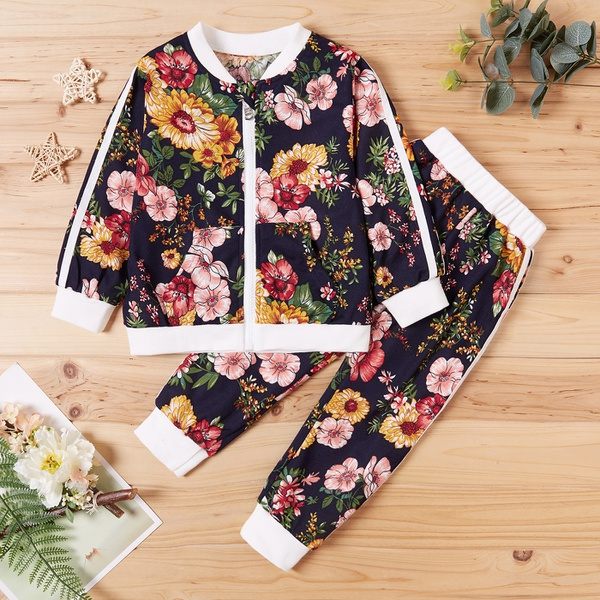 2-piece Baby / Toddler Girl Vintage Floral Allover Jacket and Striped Pants Set