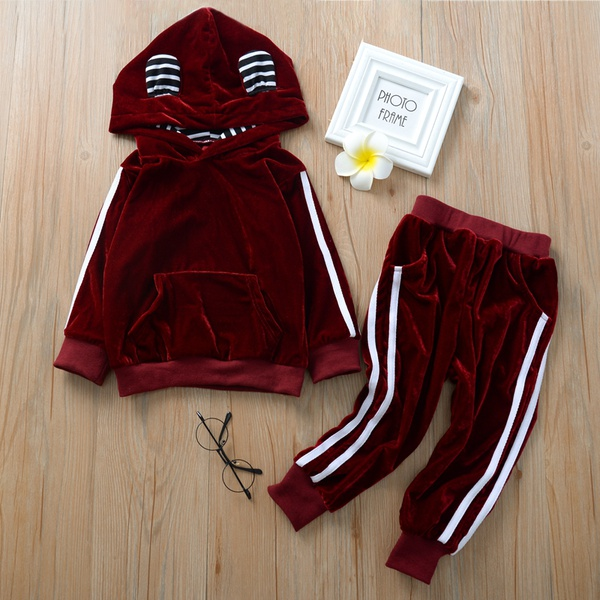 2-piece Baby / Toddler Striped Rabbit Ear Hoodie and Velvet Pants Set