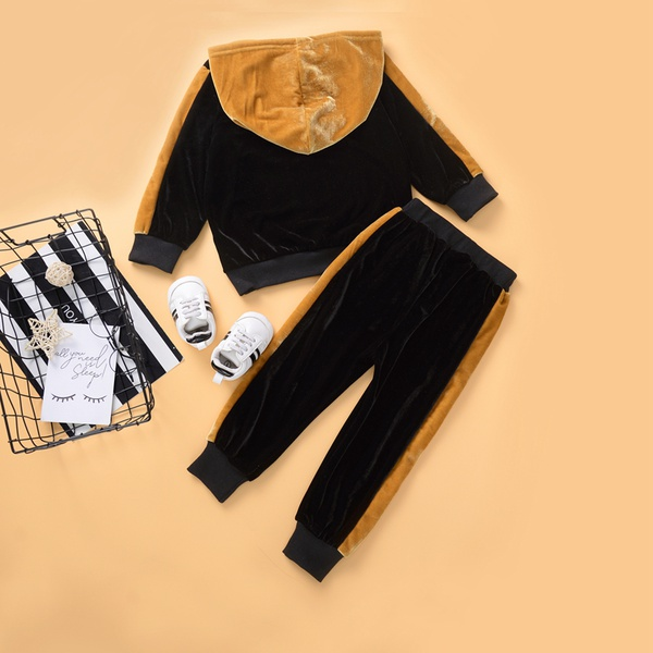 2-piece Baby / Toddler Letter Print Velvet Hoodie and Striped Pants Set