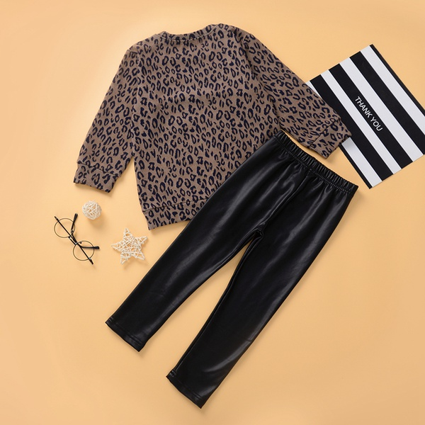 2-piece Baby / Toddler Girl Leopard Print Long-sleeve Top and Leather Pants