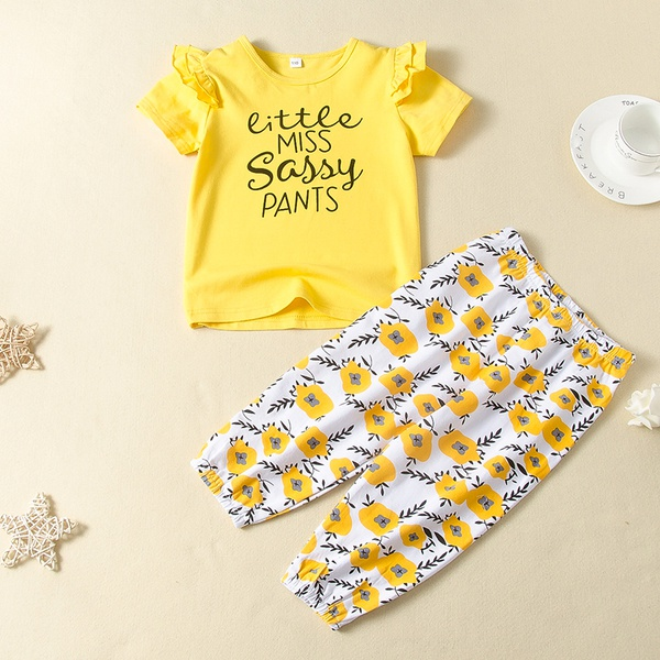 2-piece Baby / Toddler Girl Letter Flounced Short-sleeve Top and Floral Print Pants Set