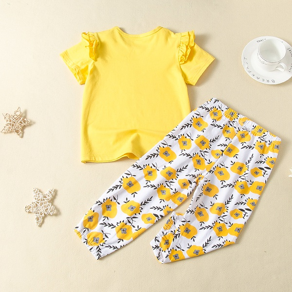 2-piece Baby / Toddler Girl Letter Flounced Short-sleeve Top and Floral Print Pants Set