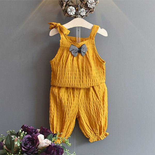 2-piece Baby / Toddler Girl Bowknot Sling Solid Top and Pants Set