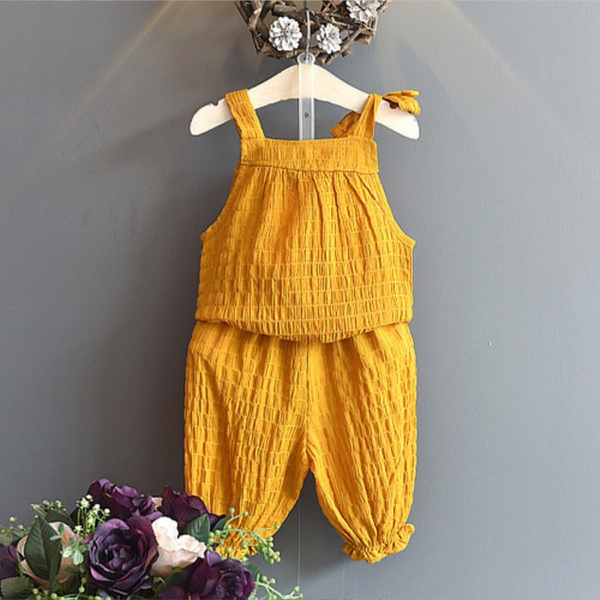 2-piece Baby / Toddler Girl Bowknot Sling Solid Top and Pants Set
