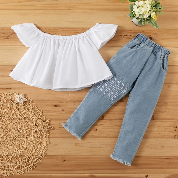2-piece Baby / Toddler Girl Off Shoulder Flounce Solid Top and Denim Pants Set