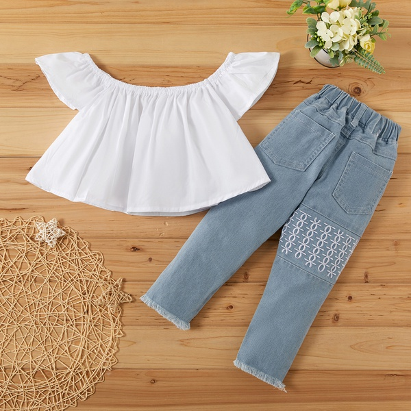 2-piece Baby / Toddler Girl Off Shoulder Flounce Solid Top and Denim Pants Set