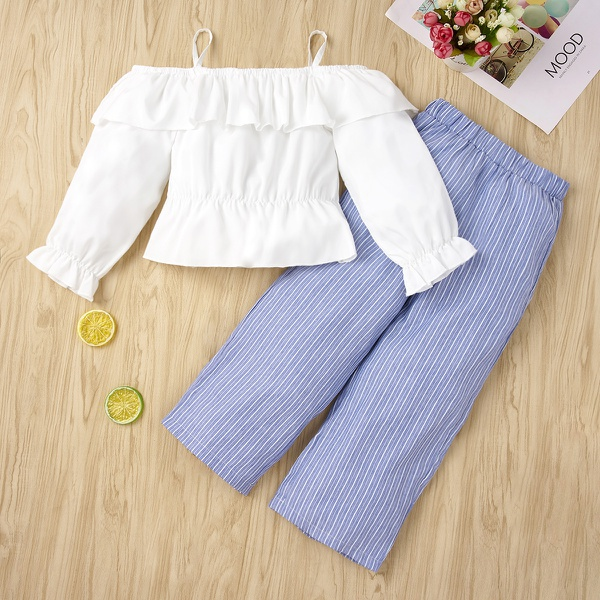 2-piece Baby / Toddler Girl Flounce Off Shoulder Solid Top and Striped Pants Set