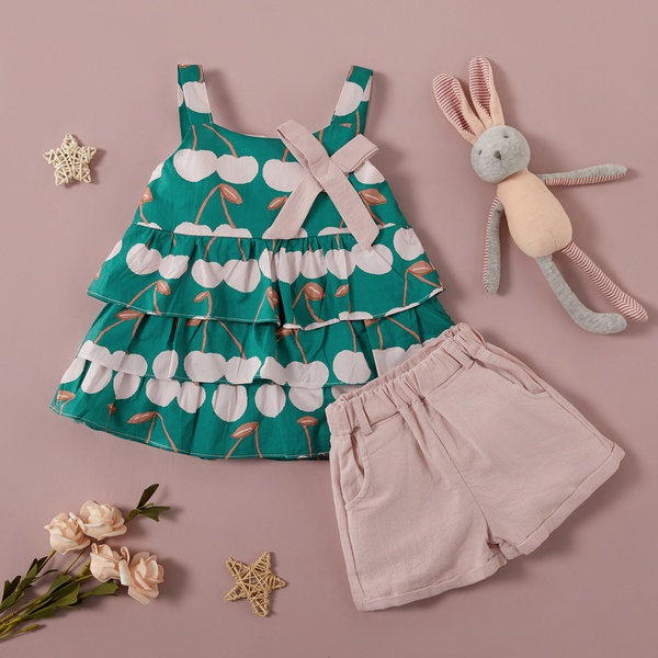 2-piece Baby / Toddler Girl Cherry Print Flounced Sleeveless Top and Solid Shorts Set