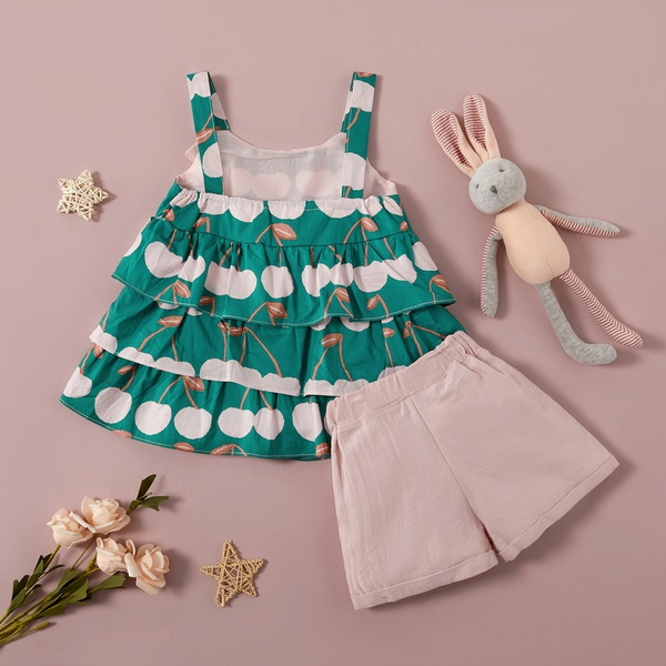 2-piece Baby / Toddler Girl Cherry Print Flounced Sleeveless Top and Solid Shorts Set