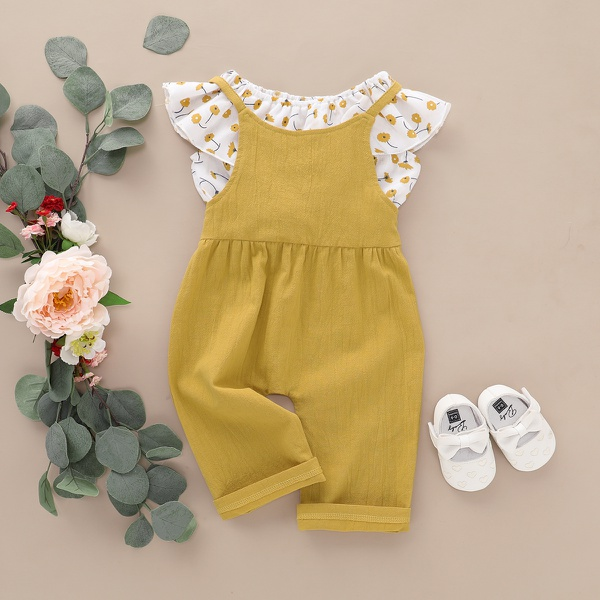 Floral Flounced Front Top and Suspender Pants Set