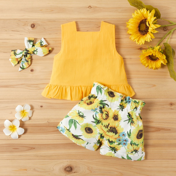 3-piece Baby / Toddler Girl Casual Solid Top and Sunflower Shorts with Headband Set