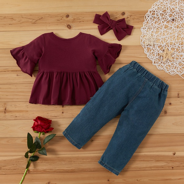 3-piece Baby / Toddler Girl Casual Solid Top and Floral Jeans with Headband Set