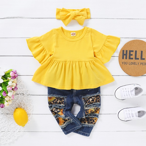 3-piece Solid Pleated Top and Allover Jeans Set