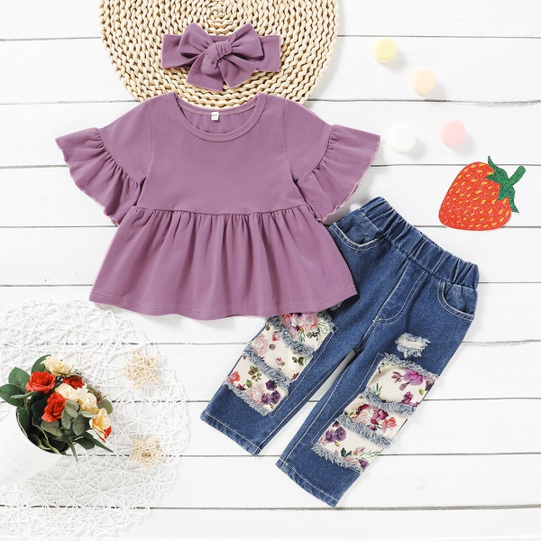 3-piece Baby / Toddler Girl Casual Solid Bell Sleeves Top and Floral Cropped Pants with Headband Set
