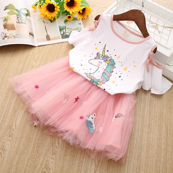 2-piece Toddler Unicorn Top and Embroidered Tulle Skirt Set (No Bag)