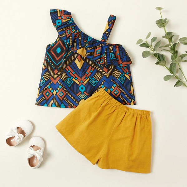 2-piece Toddler Girl Pretty Boho Print Top and Solid Shorts Set