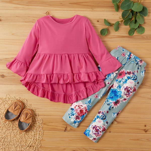 2-piece Toddler Girl Flounced Solid Top and Floral Pants Set