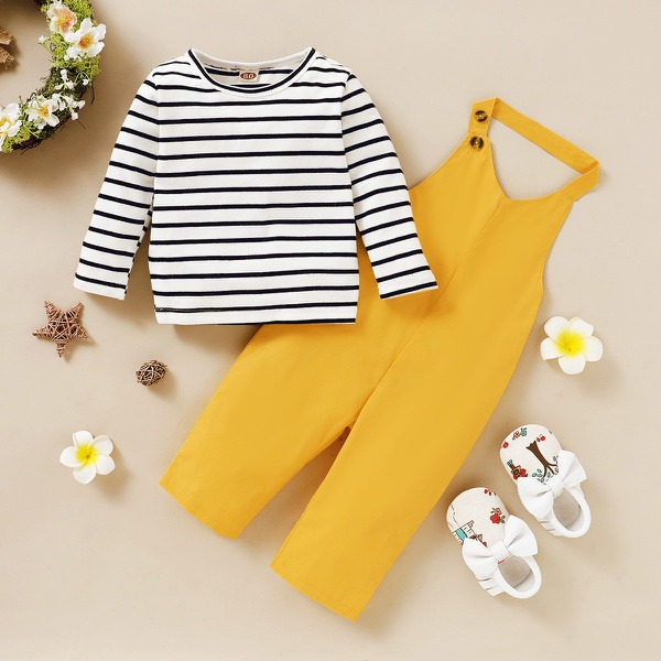 2-piece Baby / Toddler Girl Striped Top and Solid Belted Jumpsuit Set