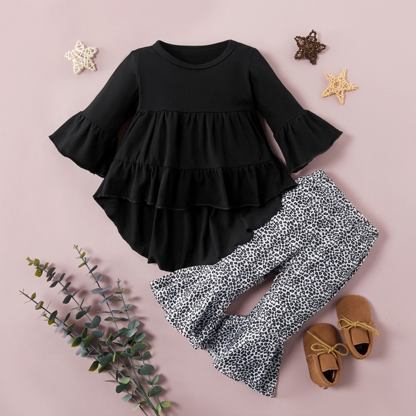 Baby Girl Bell Sleeves Dress and Leopard Print Pants Set