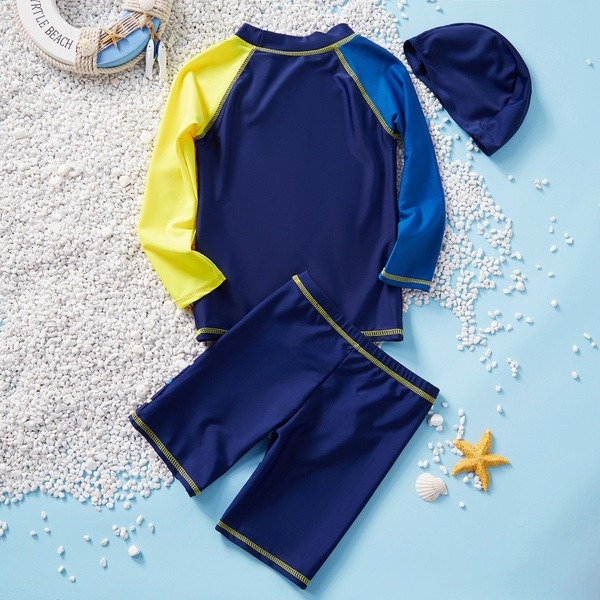3-piece Toddler Boy Stylish Colorblock Fish Print Rashguard and Trunk with Hat Swimsuit Set