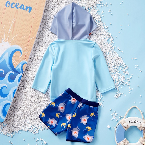 2-piece Toddler Boy Adorable Shark Decor Hoodie Top and Shorts Swimsuit Set