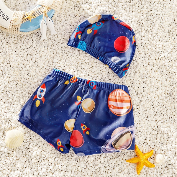 Baby / Toddler Boy Cartoon Rocket Print Trunk and Hat Swimsuit Set