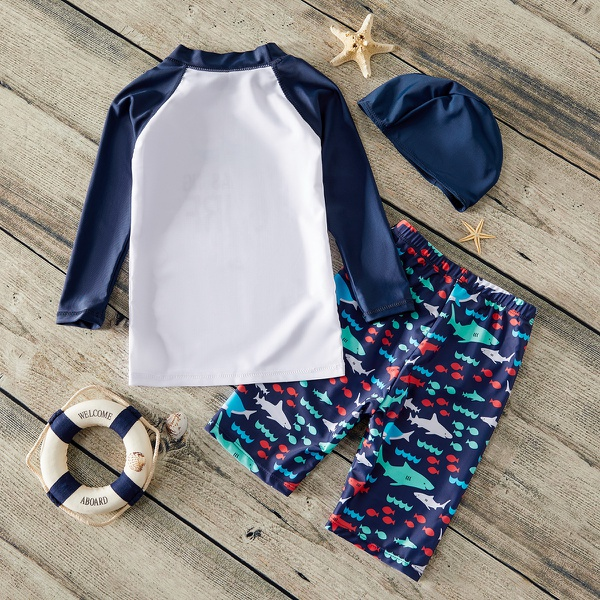 3-piece Toddler Boy Letter Print Long-sleeve Top and Milkshake Bottom with Hat Swimsuit Set
