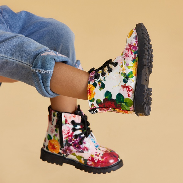 Pretty Floral Lace-up Zipper Martin Boots for Toddler Girl