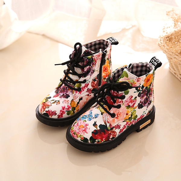 Pretty Floral Lace-up Zipper Martin Boots for Toddler Girl