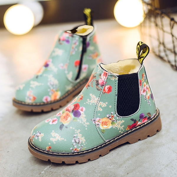 Toddler Girl Pretty Floral Print Fleece-lining Leather Boots