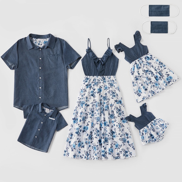 Mosaic Family Matching Cotton Sets(Floral Flounce Tank Dresses – Denim Tops – Rompers -Masks)